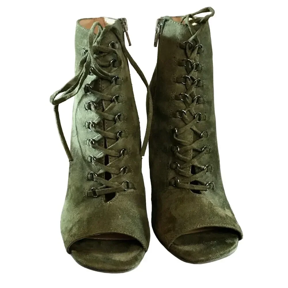 Suede Peep Toe Lace Up Booties - Picture 4 of 8
